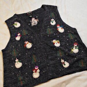 Designers Originals Studio Womens CHRISTMAS SWEATER VEST Snowman Blue